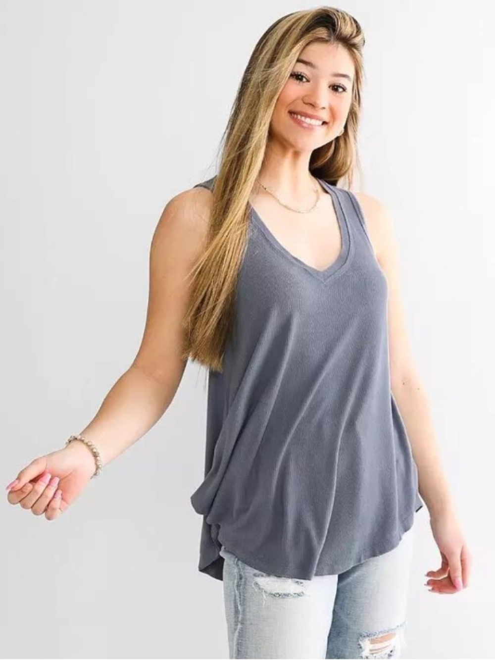 Buckle Gray V-Neck Relaxed Tank Top